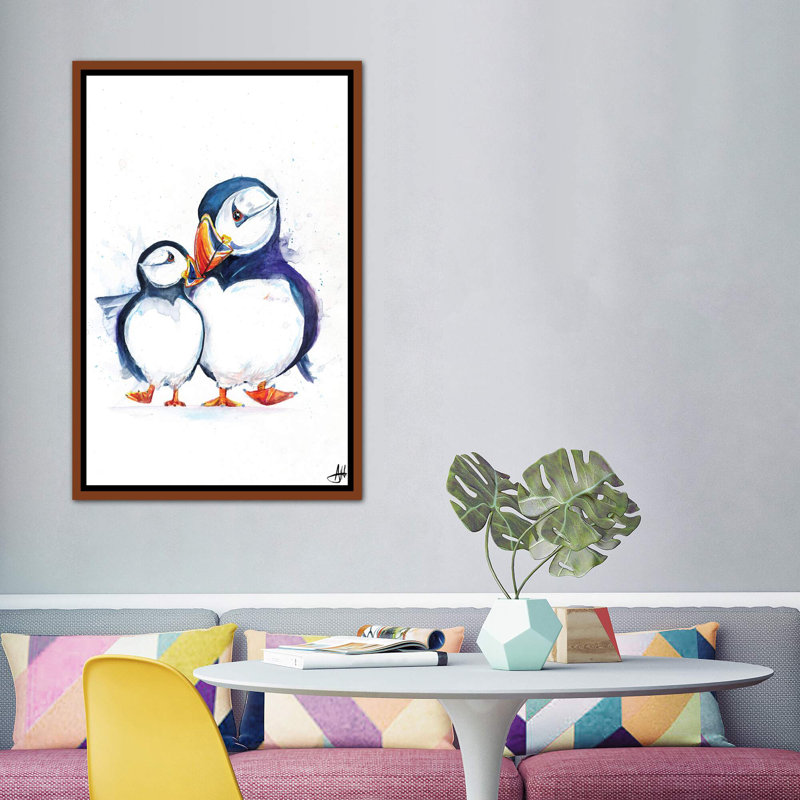 Décoration murale pour enfants Parading Puffins, H 60 po x l 40po x P 1,5 po, Toile classique avec cadre brun