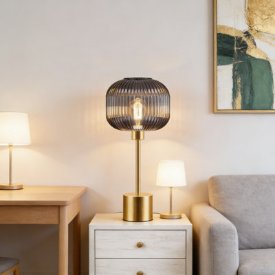 Modern Table Lamp With Ribbed Glass Shade, 3-Way Dimmable Touch Control Bedside Lamp For Bedroom Or Living Room, Includes Warm 2700K LED Bulb