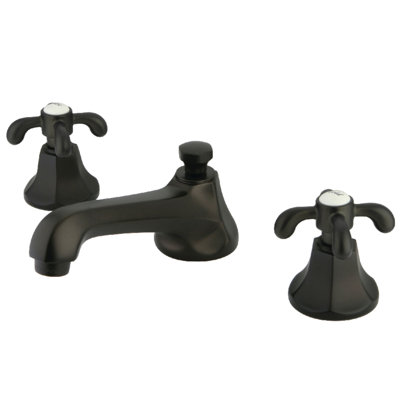 Kingston Brass French Country Two-Handle 3-Hole Deck Mount Widespread Bathroom Faucet with Brass Pop-Up Drain
