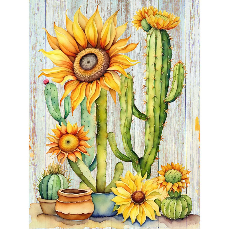 Art mural sur toile tendue avec tournesols et jardin de cactus, H 16 po x l 12 po x P 1 po
