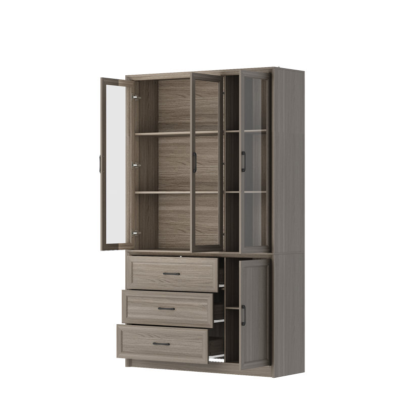 80'' H X 47.4'' W 3-Drawer Display Bookcase With Glass Doors, Gray