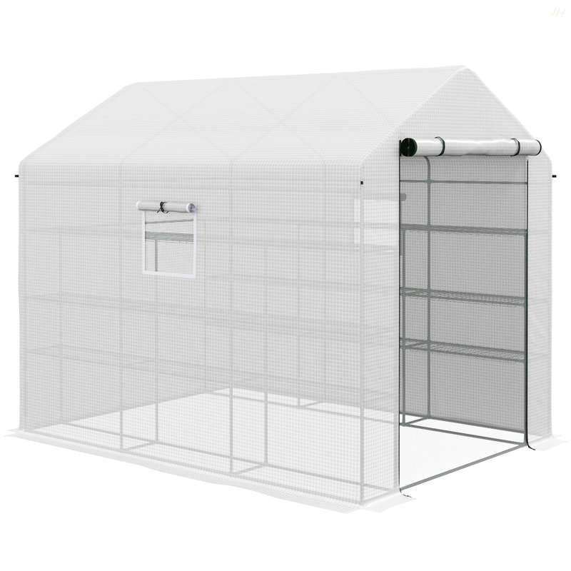 8' X 6' X 7' Walk-In Greenhouse With Mesh Door And Windows, 18 Shelf Green House With Trellis, Plant Labels, UV Protective For Growing Flowers, Herbs, Vegetables, Saplings, White
