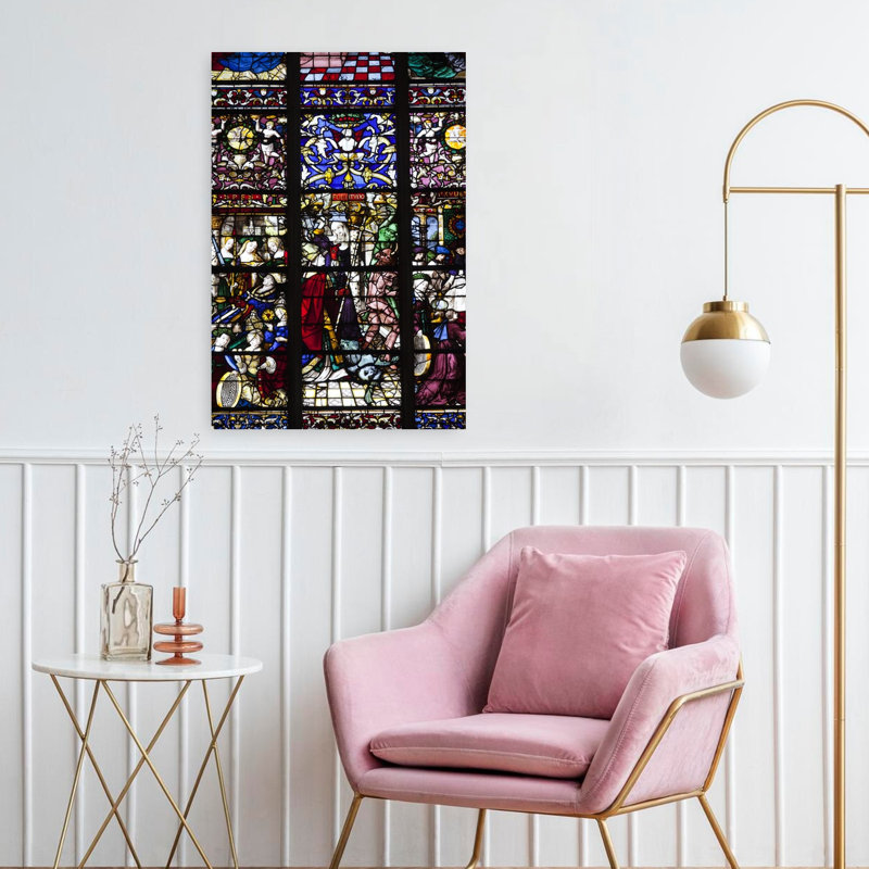 Low Angle View Of Stained Glass Window Of A Cathedral Notre Dame De Paris Rouen Seine-Maritime Department Normandy France by Walter Bibikow - Wrapped Canvas Print