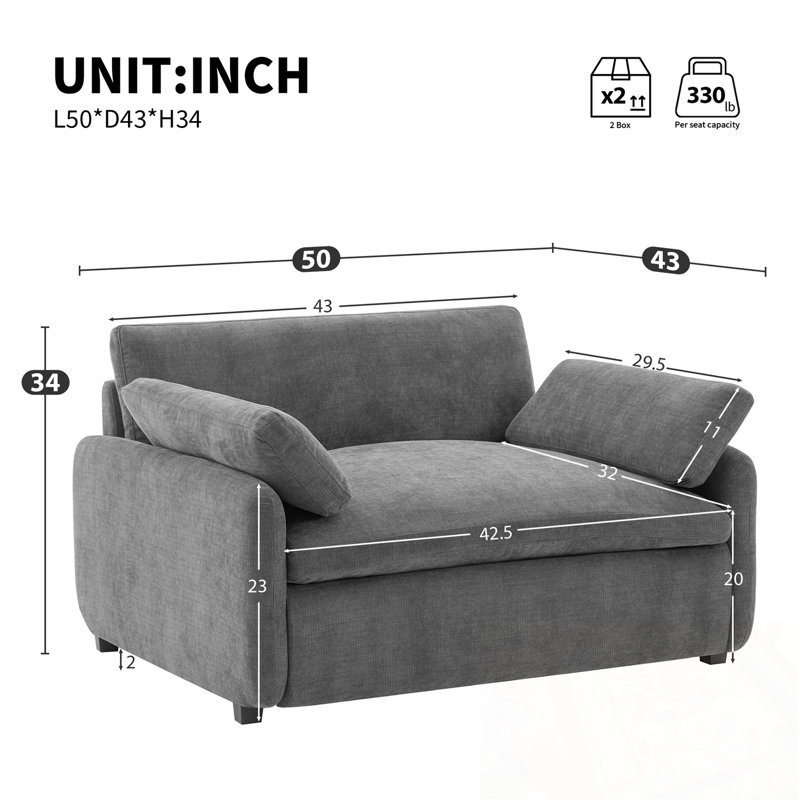 Canapé simple en chenille avec 2 coussins, Gris