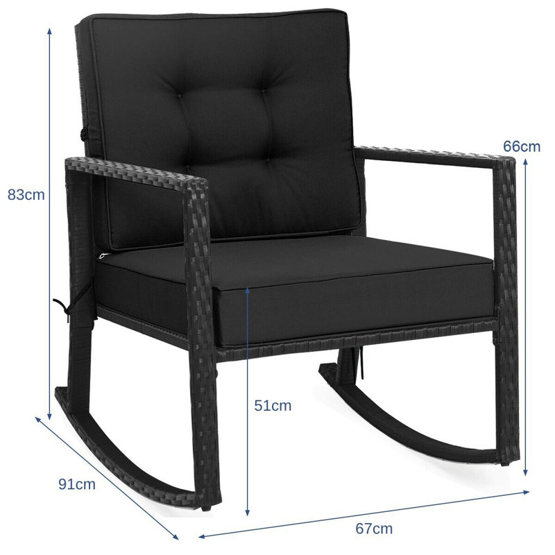 Shawen Wicker Outdoor Rocker Chair with Cushions, Black