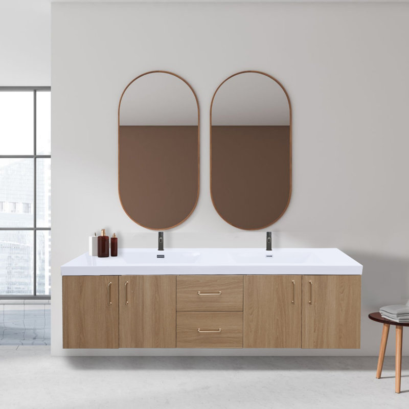 Elowen Wall Mounted Double Bathroom Vanity With Resin Top Basin, 72"