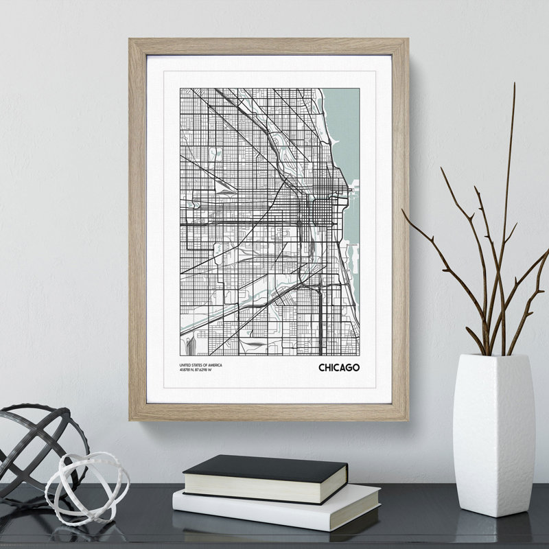 Map Chicago USA - Picture Frame Graphic Art, 48cm H x 36cm W x 2cm D, Oak Framed