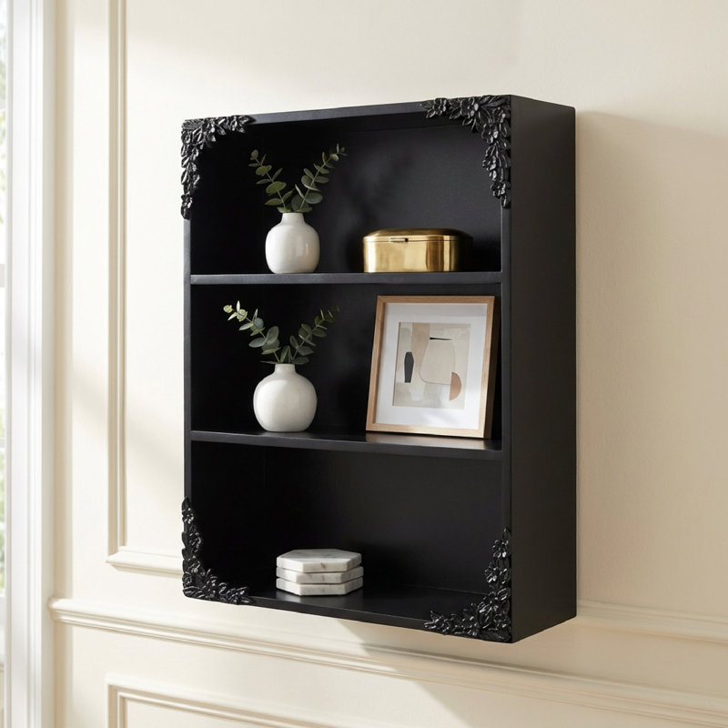 Ornate Floral 3‑Tier Decorative Vintage Wall Mounted Bookcase Shelf Storage Organizer , Black
