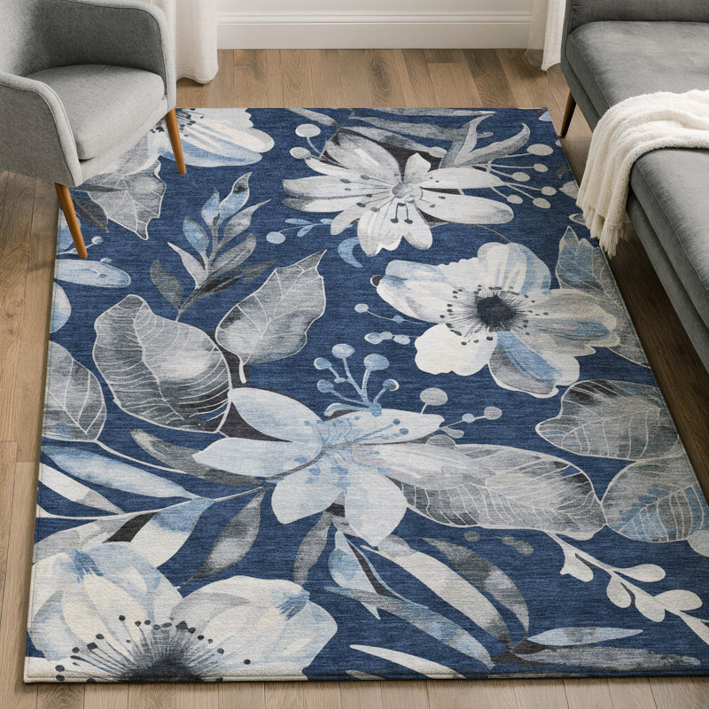 Tapis floral lavable à la machine de qualité supérieure Mayfield AMF2260, Marine, 8 pi x 10 pi