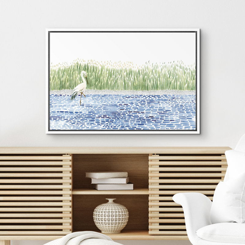 «Heron In The Pool By The Reed Marshes», reproduction d'art sur toile encadrée, Blanc, H 16 po x l 24 po