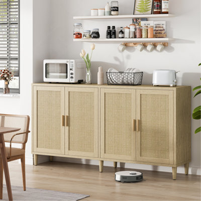 70" Rattan Buffet Cabinet With Storage, 4-Door Sideboard Buffet Cabinet With Adjustable Shelves For Kitchen, Living Room And Dining Room, Easy Assembl by Bay Isle Home