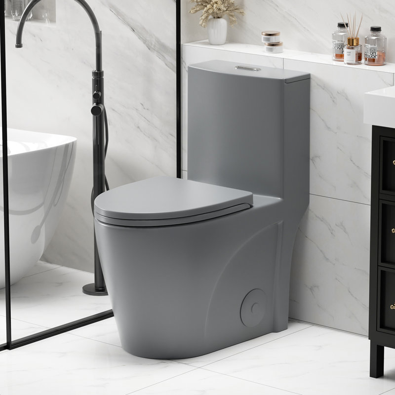 Une toilette avec double chasse d'eau 001. Siège à fermeture en douceur 1,1 / 1,6. Eau, bol allongé. Hauteur, en céramique grise Chasse, hauteur. Pour la catégorisation