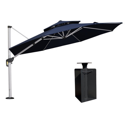 Sharayne 144'' Round Cantilever Umbrella With Crank Lift Counter Weights With Base In Ground,Navy