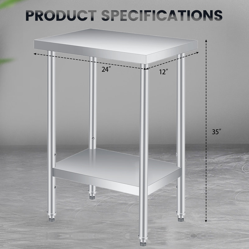 Établi utilitaire en acier inoxydable sans roulettes, chariot roulant double couche 12 po x 24 po avec tablette réglable