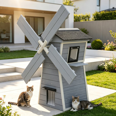 2-Story Outdoor Cat House Windmill-Shaped With 1 Platform, 2 Doors And Waterproof Roof