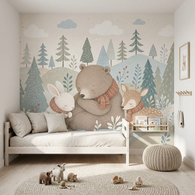 Papier peint animaux de forêt Woodland, 100 po x 96 po, Peler et coller