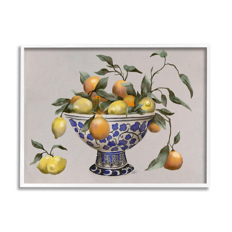 Bol à poterie à motif de feuilles d'agrumes mélangées, H 11 po x l 14 po x P 1,5 po, Giclée encadrée blanc bord de mer