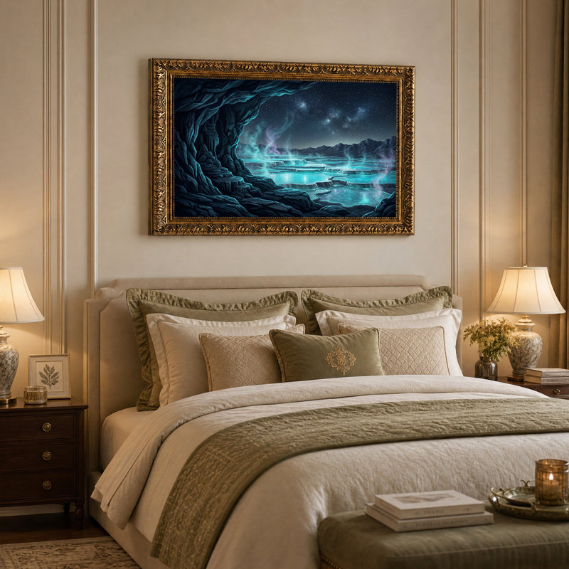 Tableau sur toile représentant une vue de grottes aux bassins en terrasses d'un bleu éclatant sous les étoiles, 16"H x 24"W