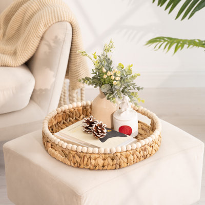 Scalloped Water Hyacinth Tray, Decorative Woven Tray for Napkins, Keys, Mail, Coffee Table Décor & Kitchen Counter Storage