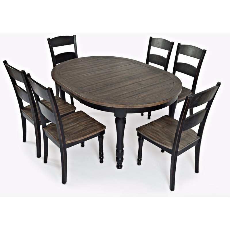 Ensemble de salle à manger en bois massif 7 pièces Karley , Blanc vintage, Noir rétro