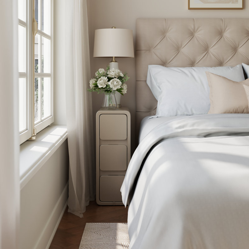 Table de chevet rembourrée en cuir massif, 7.9"W, Tanné, 3 tiroirs