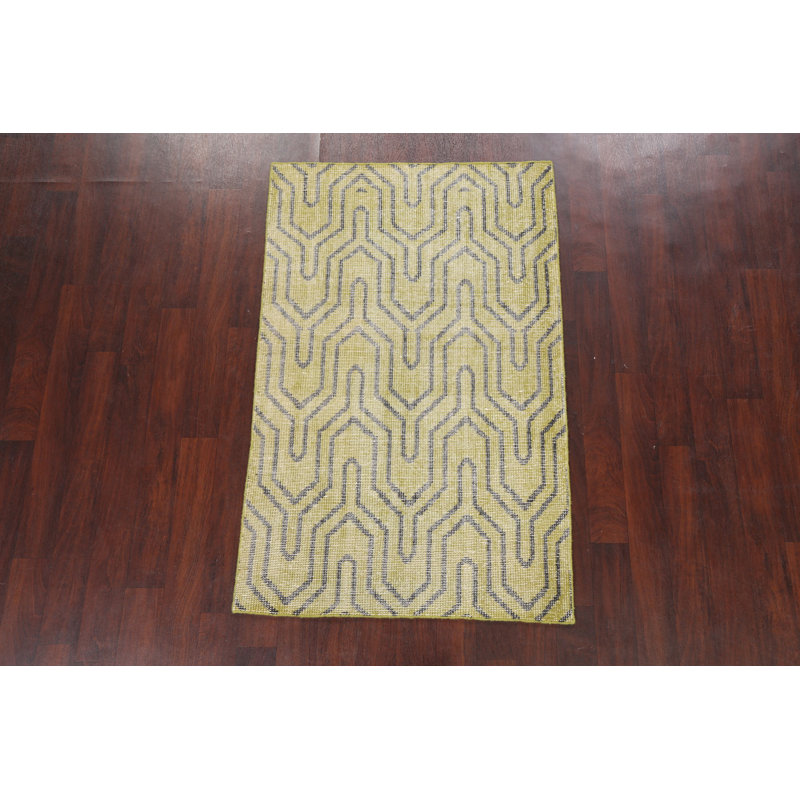Tapis vert en laine noué à la main de conception unique 3 pi 7 po x 5 pi 7 po