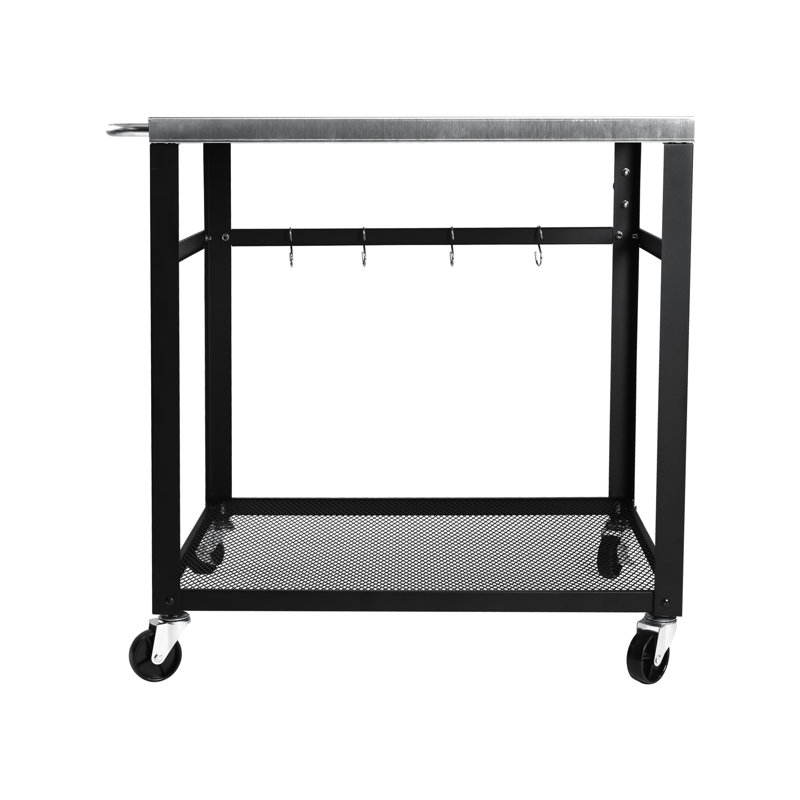 Chariot de barbecue extérieur mobile à 2 niveaux avec plateau en acier inoxydable, roues verrouillables, crochets à outils, tablette en filet, table de préparation barbecue pour patio, cour arrière, support à four à pizza, rouille noire, support polyvalent facile à utiliser