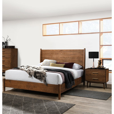 Chambre à coucher 3 pièces en noyer, style moderne du milieu du siècle, lit king size oriental, tête de lit à panneaux, 2 tables de chevet, système d'emboîtement Tip Interlock, pieds ronds fuselés, matelas prêt à recevoir, poignées de porte en nickel.