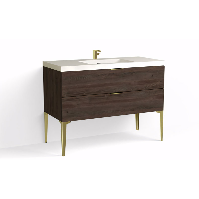 Avila 48" W Freestanding Single Bathroom Vanity with Dean Leg, Gloss White/Single, Nocino, Satin Brass