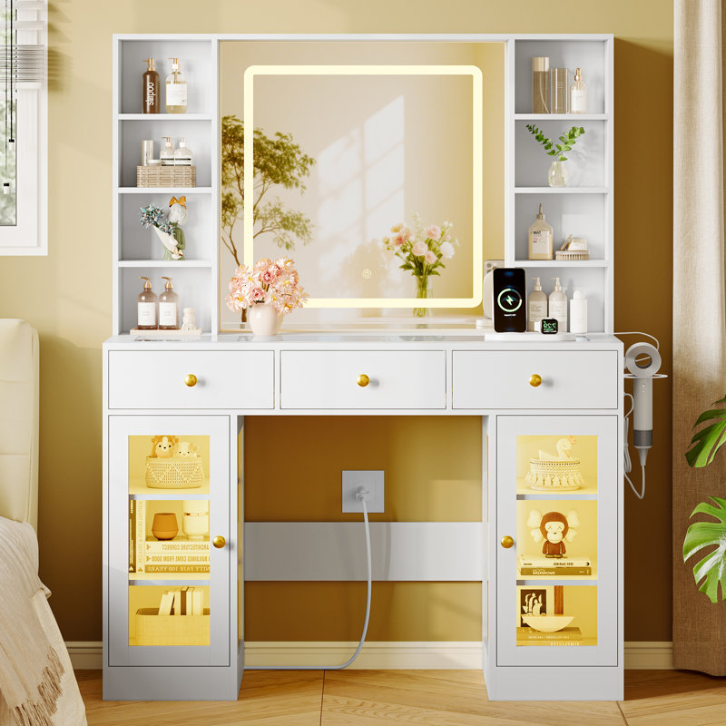 Meuble-lavabo avec lumières RVB, plateau en verre, miroir éclairé et séchoir à cheveux intégré, table de maquillage blanche tout-en-un avec tiroirs et tablettes