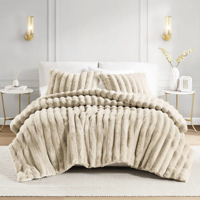 3 pièces d'édredon côtelé en fausse fourrure taupe, devant lisse pour plus de confort, rembourrage très respirant