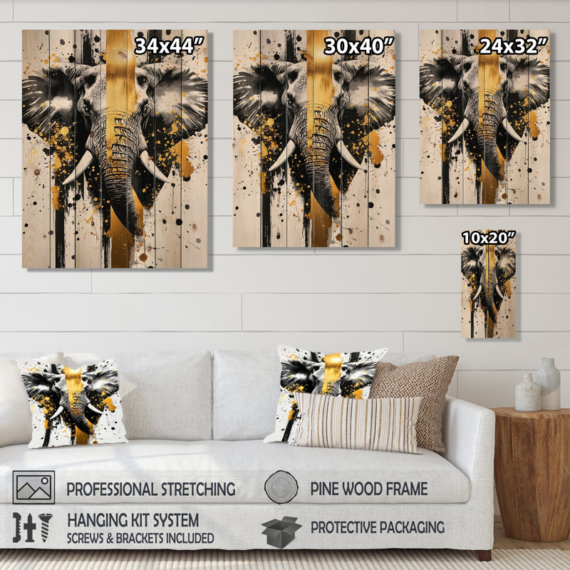 Golden Elephant African Giant II - impression moderne en bois doré sur bois de pin naturel, H 40 po x l 30 po