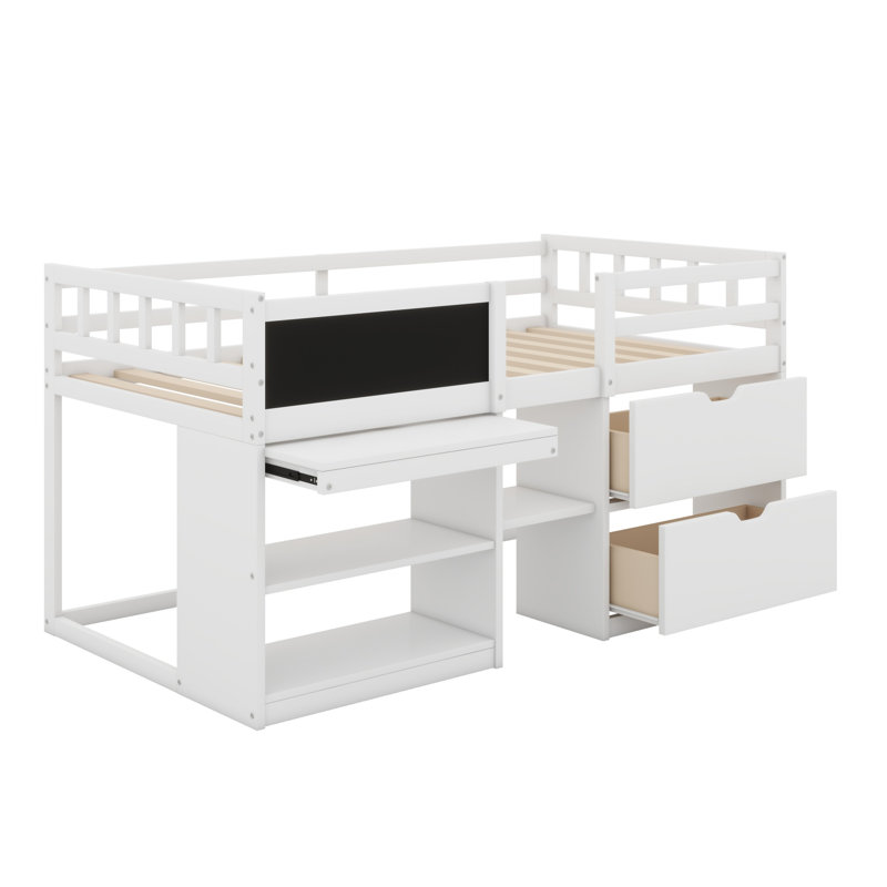Low Loft Bed With Rolling Desk, Shelf And Drawers, White