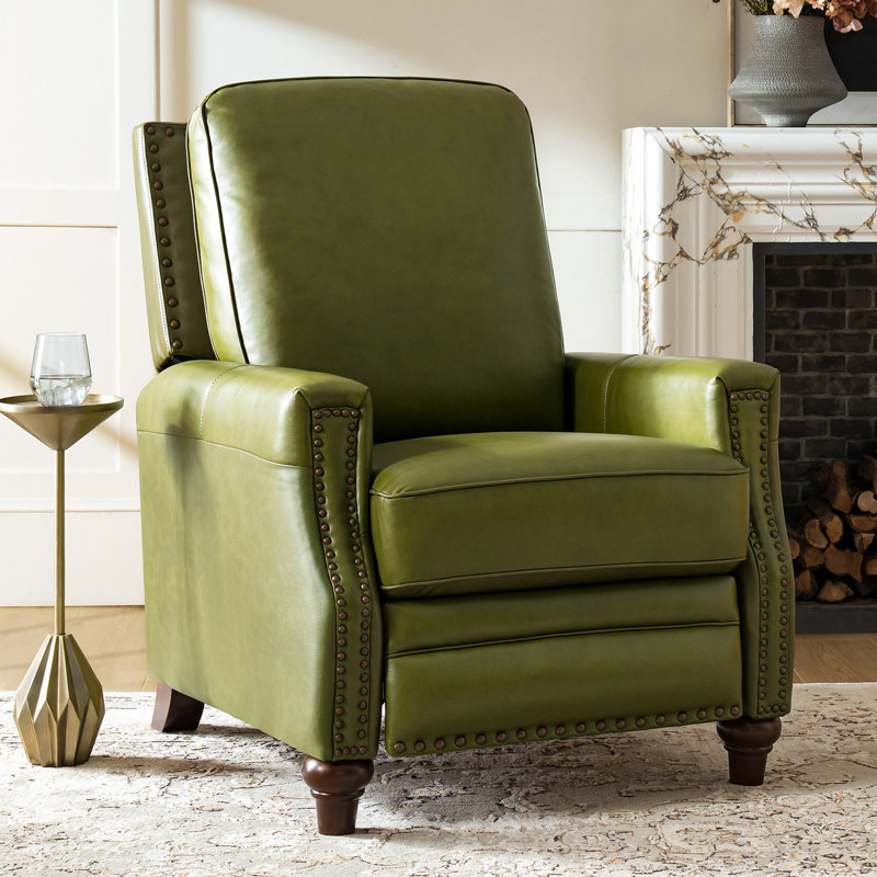 Andrena Genuine Leather Recliner With Nailhead Trim, Genuine Leather Olive