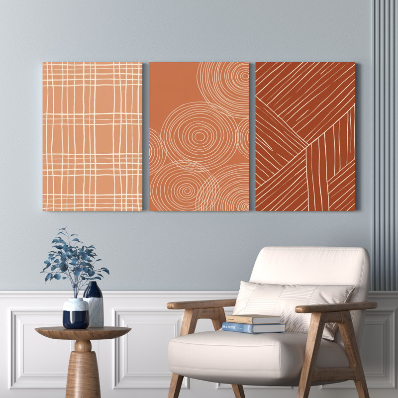 Ensemble de 3 tableaux abstraits à motifs géométriques sur toile tendue, H 36 po x l 72 po