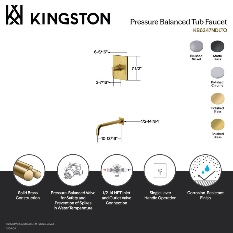 Robinet de baignoire à pression équilibrée à poignée simple Kingston Brass NuvoFusion, Laiton poli