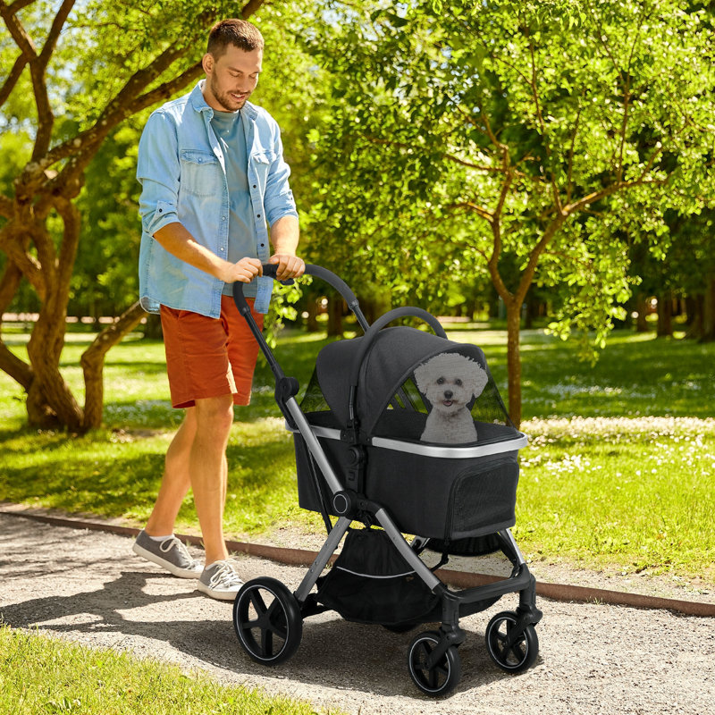 PawHut Black Aluminum 3-in-1 Pet Stroller with Storage Basket