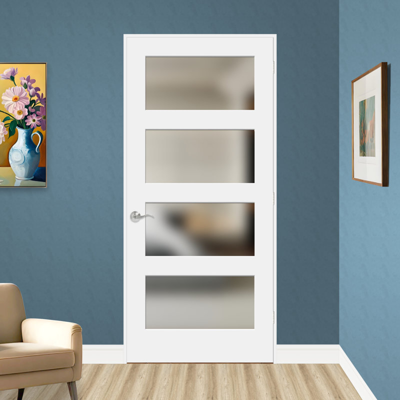 Porte pré-percée en verre trempé givré et en bois manufacturé blanc apprêté de 80 po de hauteur et de 80 po de hauteur