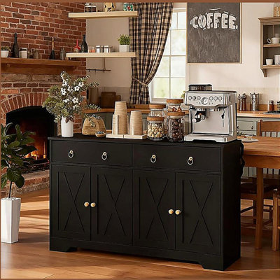 Buffet de rangement de cuisine avec portes de style grange, armoire à tiroirs