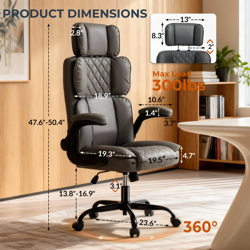 Ergonomic High Back Executive Leather Office Chair with Adjustable Headrest (Gray), Gray