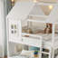 Lit superposé simple au dessus d'un lit double en bois massif avec tablettes, garde-robe et glissade-355027558-364566858
