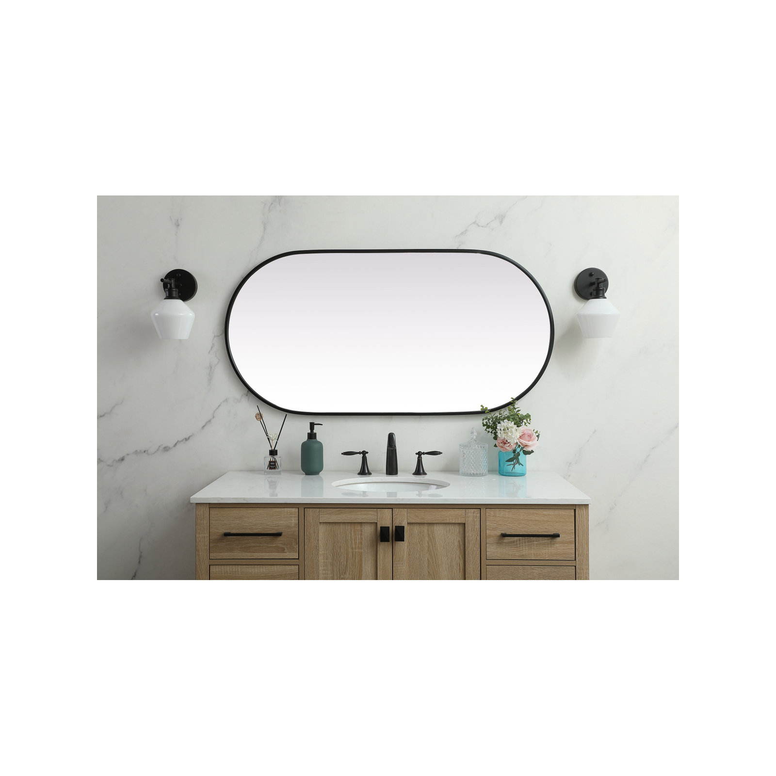 Elington Oval Metal Wall Mirror, Black, 48"  x 24" 