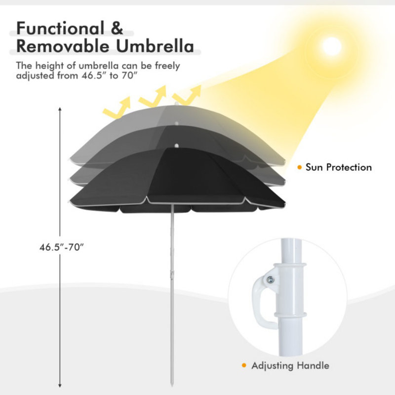 Portable Folding Picnic Double Chair With Removable Umbrella, Black