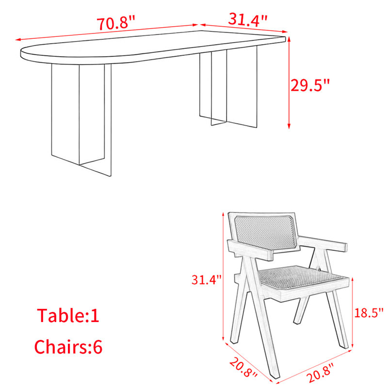 Ensemble de table à manger moderne simple en bois massif acrylique, H 29,5 po x L 70,8 po x l 31,4 po