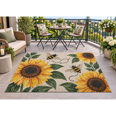 5' x 7' Outdoor Area Rug Sunflower Bees Botanical Heavyweight Solid Waterproof PVC Coil Loop Carpet, Heavy Duty Patio Rug, Quick Dry Indoor Outdoor Mat for Porch Deck Balcony Entryway RV Camping