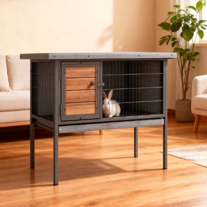 Cage à lapin en bois surélevée sans plateau de fuite, gris