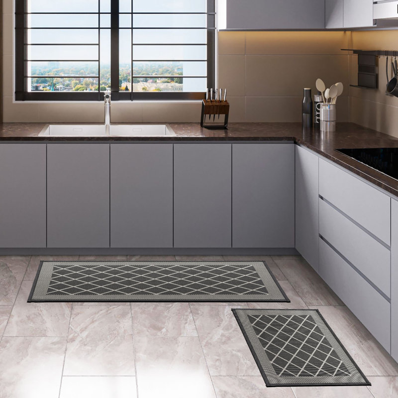 Ensemble de tapis de cuisine et de couloir diamant gris 20 x 32 et 20 x 48, Motifs géométriques gris