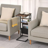 C Shaped End Table for Couch, C Shaped Side Table with Storage Bag, C Table for Sofa with 2 Storage Shelf, Black With Socket