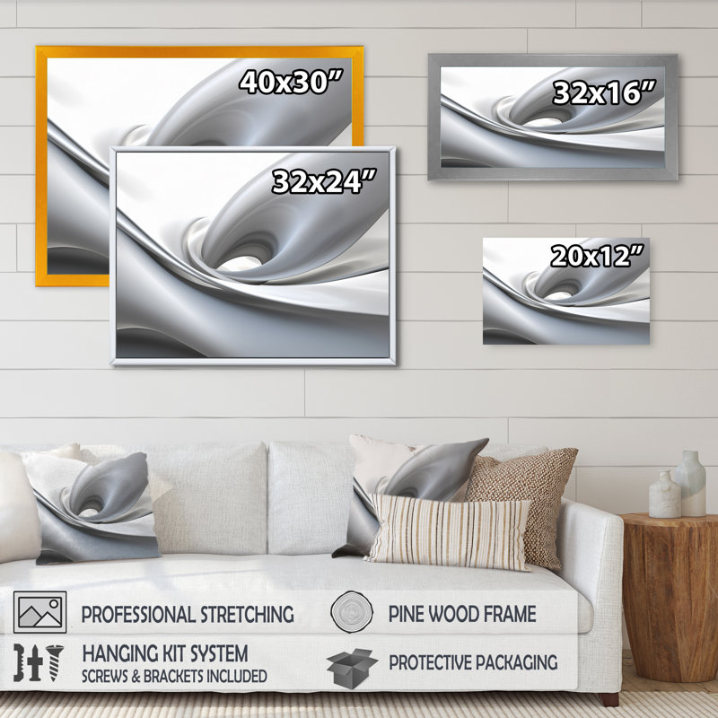 «White Grey Contemplative Abstraction - Abstract Modern Waves», art encadré, Cadre doré simple, H 16 po x l 32 po x P 1 po