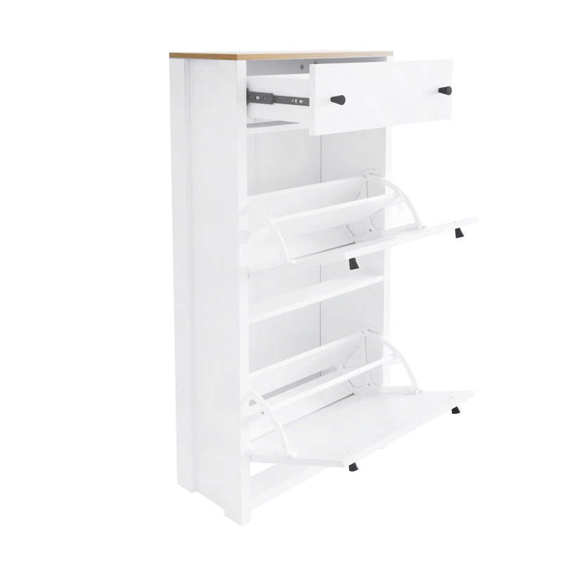 Organisateur de vestibule fonctionnel avec 2 tiroirs rabattables, armoire à chaussures à motif grain de bois avec tiroir, étagère à chaussures autoportante avec panneau réglable pour le couloir